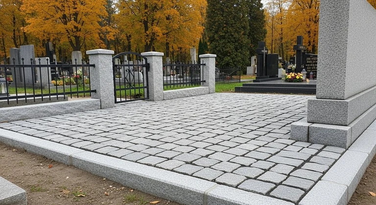 Благоустройство захоронений в Челябинске — мощение гранитной плиткой, цоколь и ограда на ухоженном участке