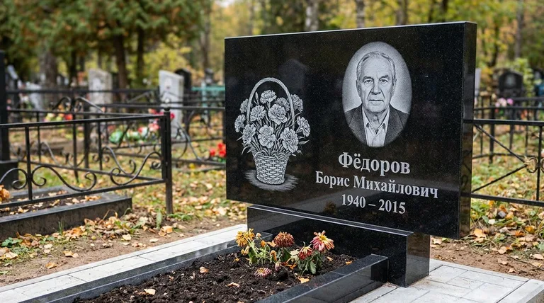 Памятник с гравировкой гвоздик — выполненная работа «Фёдоров» в Челябинске
