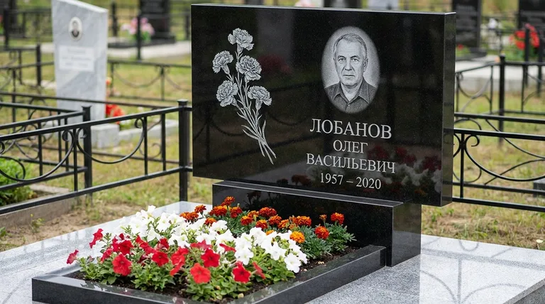 Памятник с гравировкой гвоздик — выполненная работа «Лобанов» в Челябинске