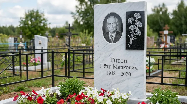 Памятник с гравировкой гвоздик — выполненная работа «Титов» в Челябинске