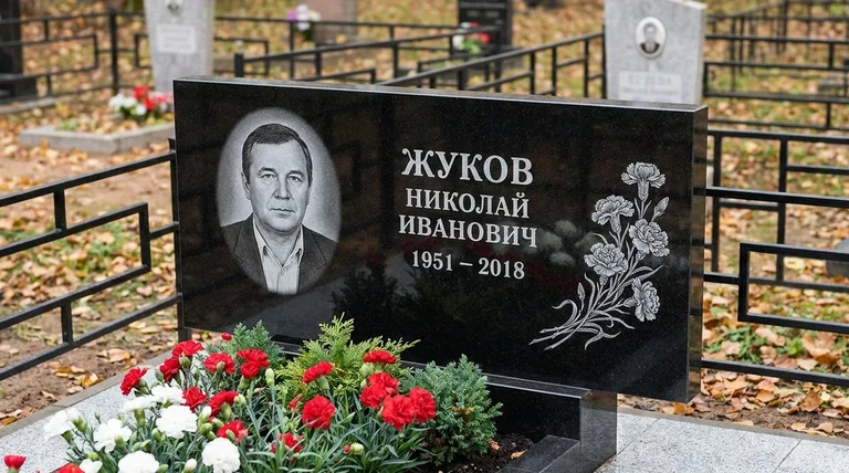 Памятник с гравировкой гвоздик — выполненная работа «Жуков» в Челябинске