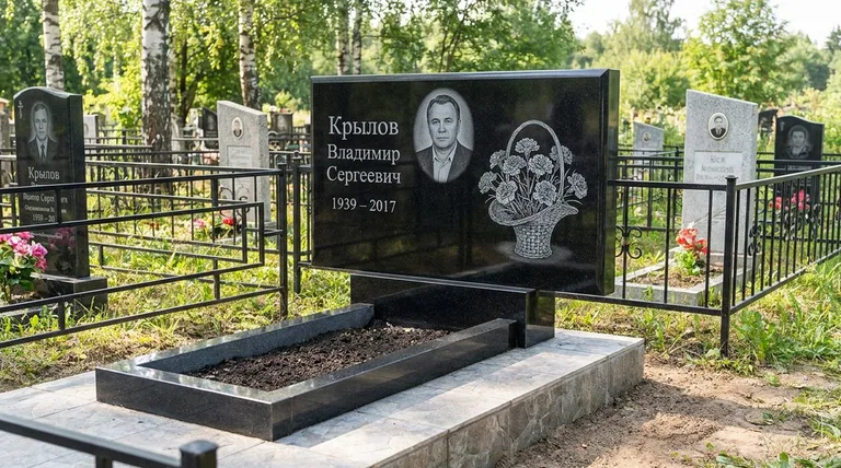 Памятник с гравировкой гвоздик — выполненная работа «Крылов» в Челябинске