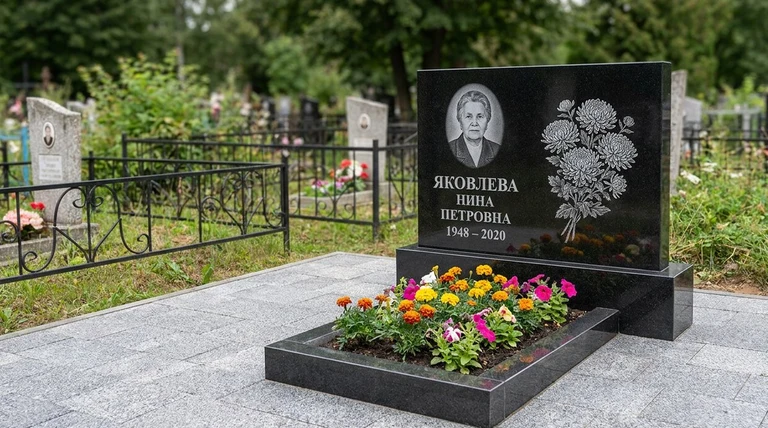 Гравировка хризантем на памятник в Челябинске — пример работы на граните
