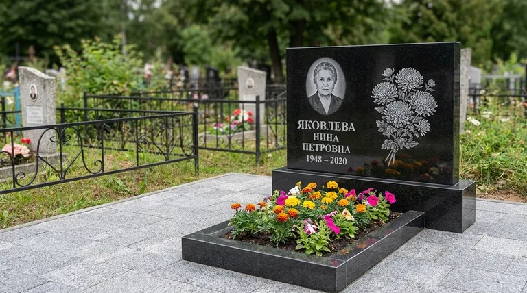 Памятник с гравировкой хризантем — выполненная работа «Соколов» в Челябинске