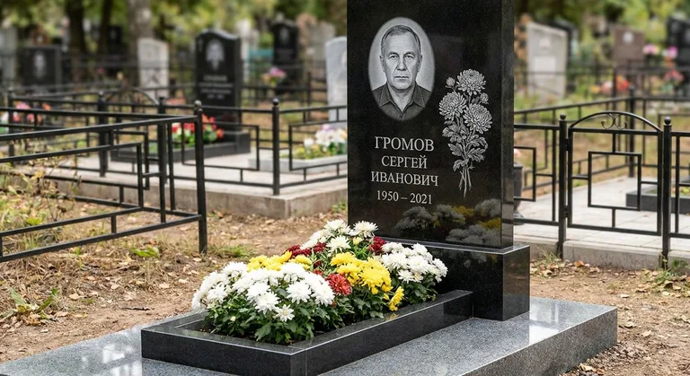 Памятник с гравировкой хризантем — выполненная работа «Громов» в Челябинске