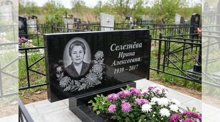 Памятник с гравировкой хризантем — выполненная работа «Селезнёва» в Челябинске