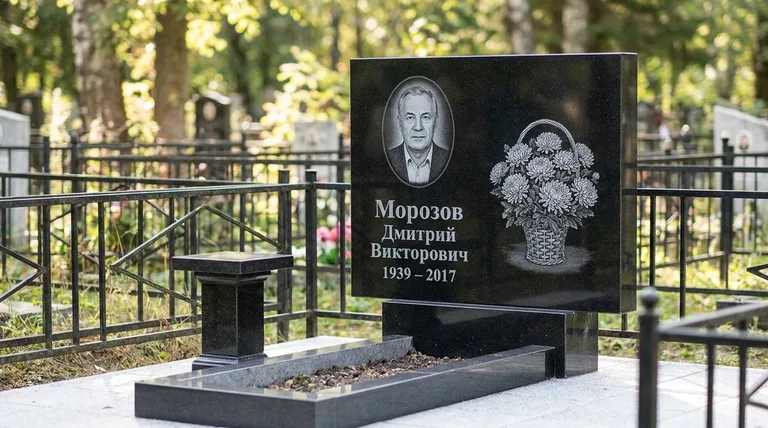 Памятник с гравировкой хризантем — выполненная работа «Морозов» в Челябинске
