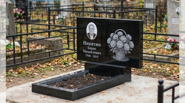 Памятник с гравировкой хризантем — выполненная работа «Никитин» в Челябинске