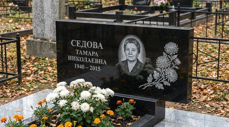 Памятник с гравировкой хризантем — выполненная работа «Седова» в Челябинске