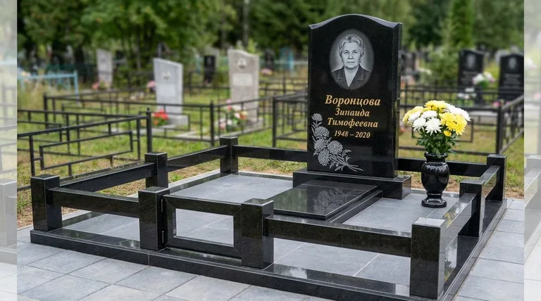 Памятник с гравировкой хризантем — выполненная работа «Воронцова» в Челябинске