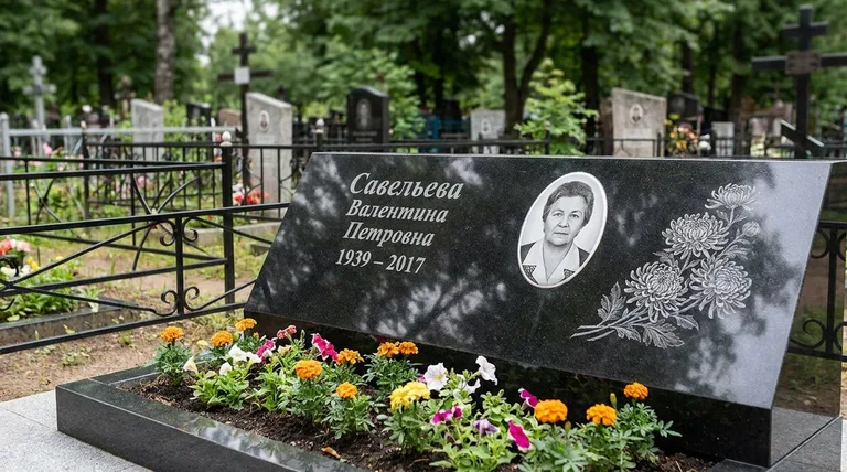 Памятник с гравировкой хризантем — выполненная работа «Савельева» в Челябинске