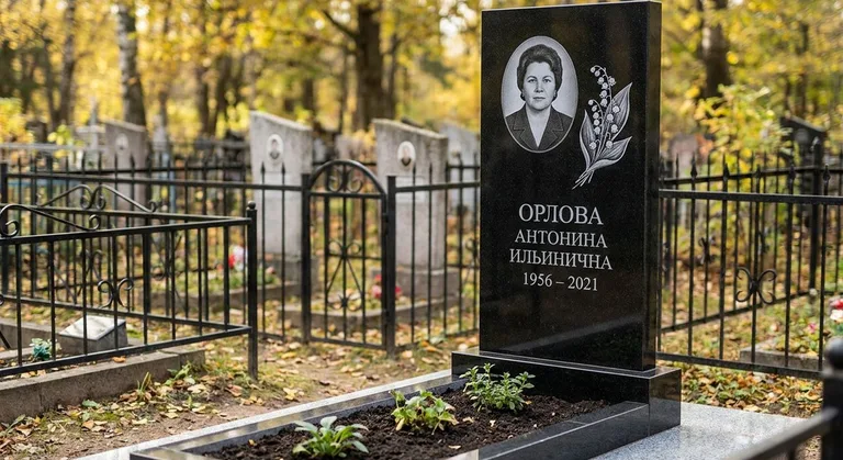 Памятник с гравировкой ландышей — выполненная работа «Орлова» в Челябинске