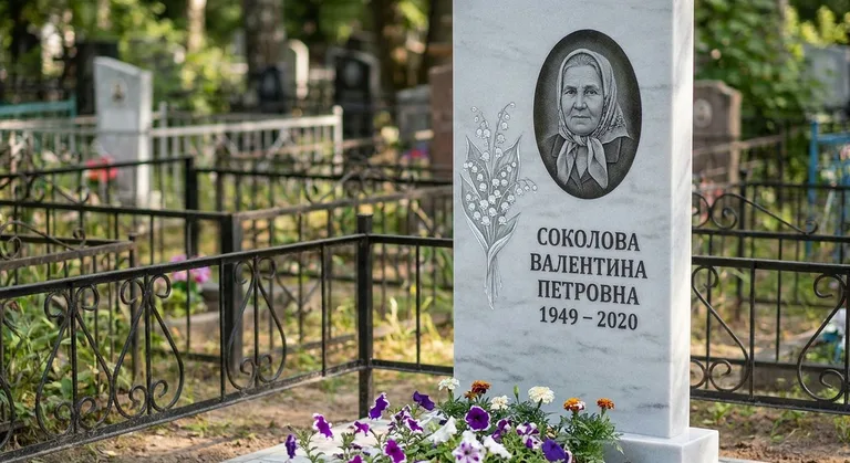 Памятник с гравировкой ландышей — выполненная работа «Соколова» в Челябинске