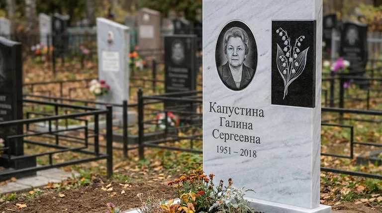Памятник с гравировкой ландышей — выполненная работа «Капустина» в Челябинске