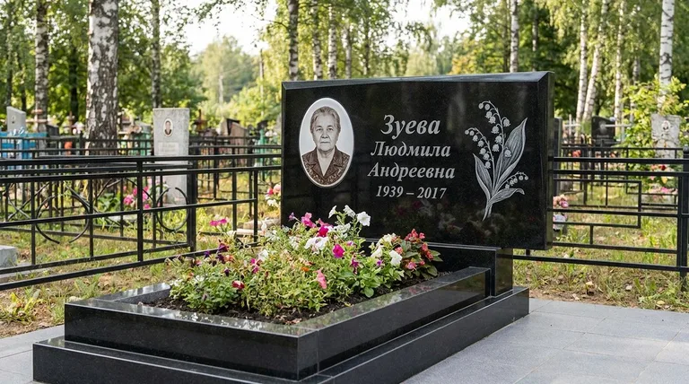 Памятник с гравировкой ландышей — выполненная работа «Зуева» в Челябинске