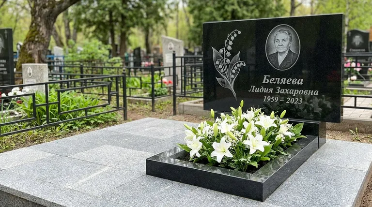 Памятник с гравировкой ландышей — выполненная работа «Беляева» в Челябинске