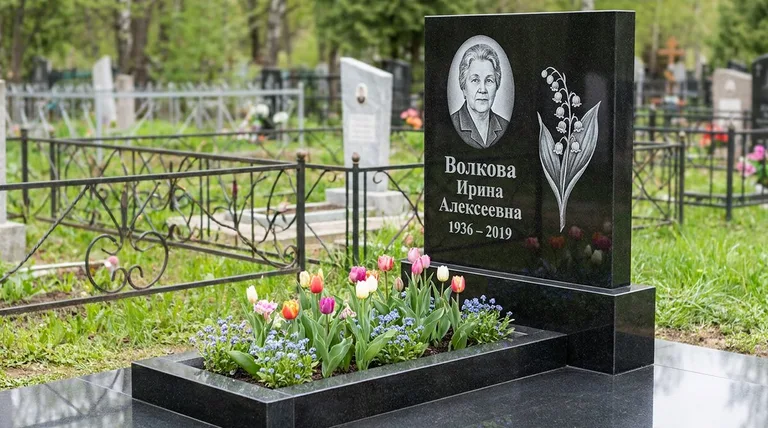 Памятник с гравировкой ландышей — выполненная работа «Волкова» в Челябинске