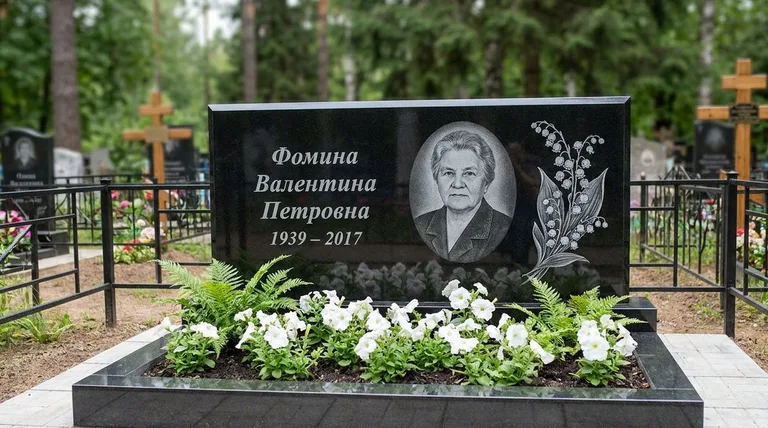 Памятник с гравировкой ландышей — выполненная работа «Фомина» в Челябинске