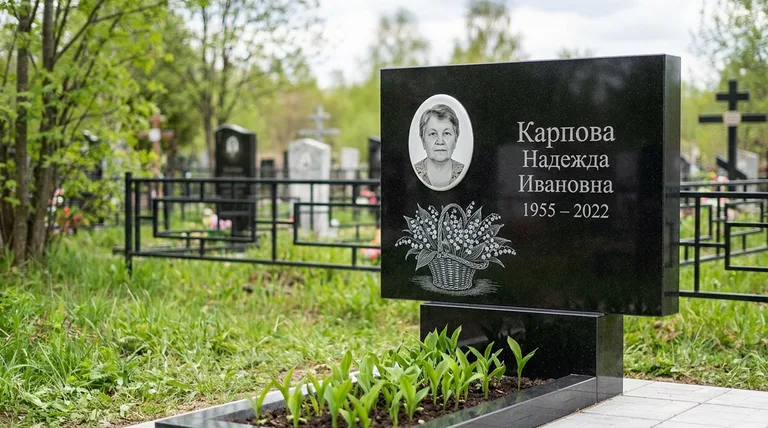 Памятник с гравировкой ландышей — выполненная работа «Карпова» в Челябинске