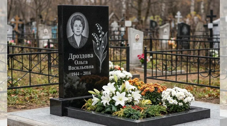 Памятник с гравировкой ландышей — выполненная работа «Дроздова» в Челябинске