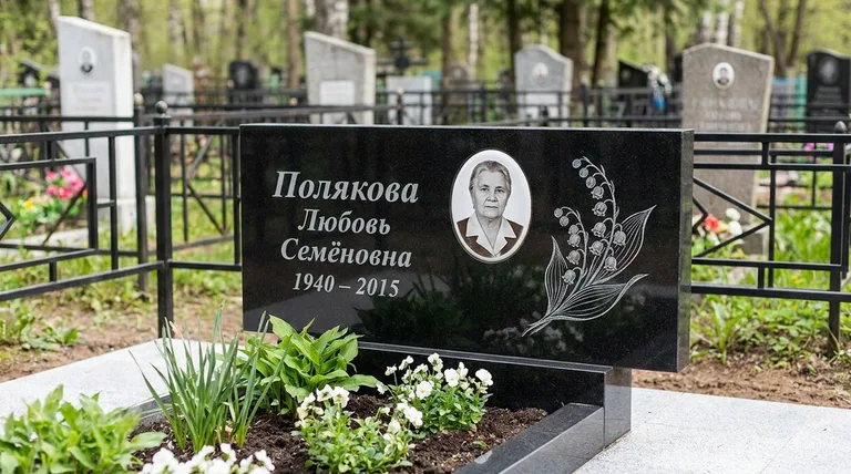 Памятник с гравировкой ландышей — выполненная работа «Полякова» в Челябинске