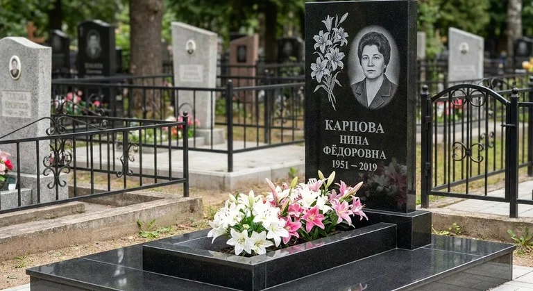 Памятник с гравировкой лилий — выполненная работа «Карпова» в Челябинске