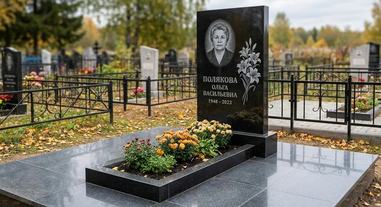 Памятник с гравировкой лилий — выполненная работа «Полякова» в Челябинске
