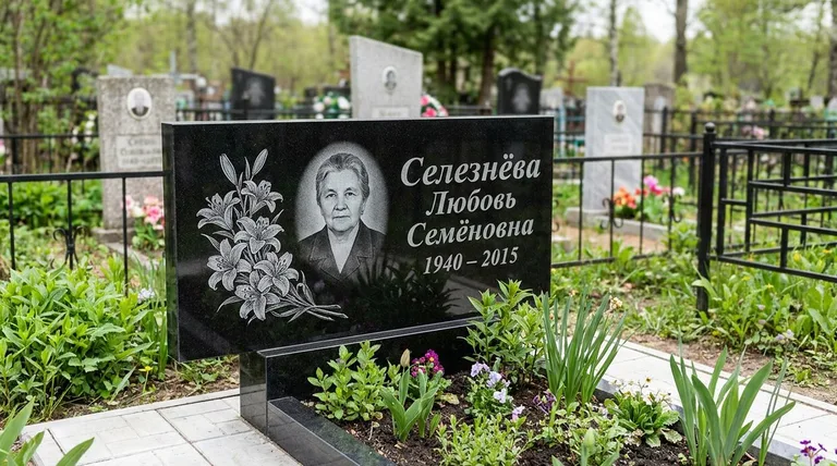 Памятник с гравировкой лилий — выполненная работа «Селезнёва» в Челябинске