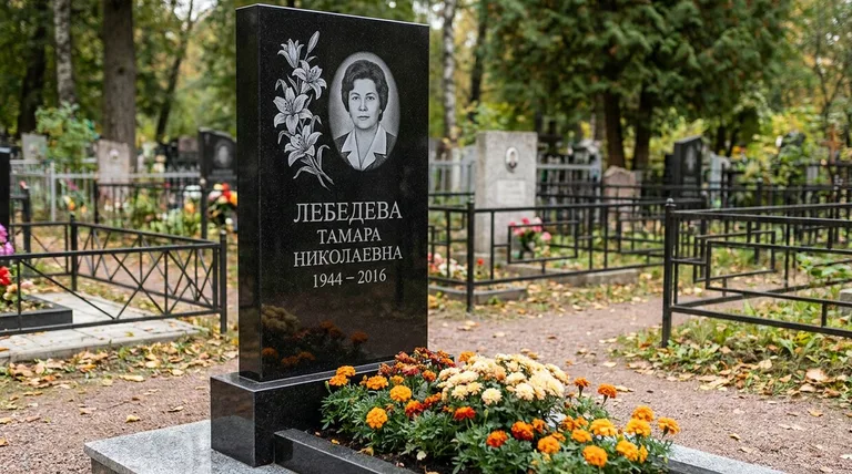 Памятник с гравировкой лилий — выполненная работа «Лебедева» в Челябинске