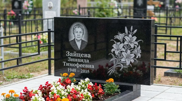 Памятник с гравировкой лилий — выполненная работа «Зайцева» в Челябинске