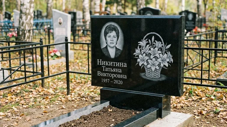 Памятник с гравировкой лилий — выполненная работа «Никитина» в Челябинске