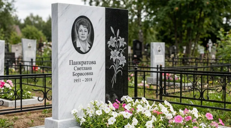 Памятник с гравировкой лилий — выполненная работа «Панкратова» в Челябинске