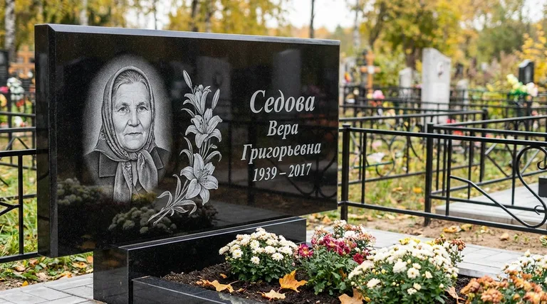 Памятник с гравировкой лилий — выполненная работа «Седова» в Челябинске