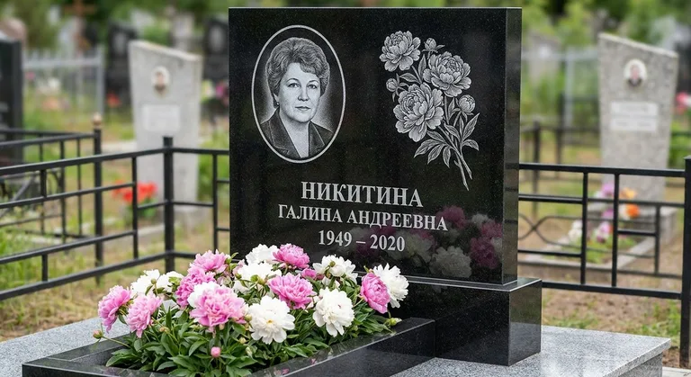 Памятник с гравировкой пионов — выполненная работа «Никитина» в Челябинске