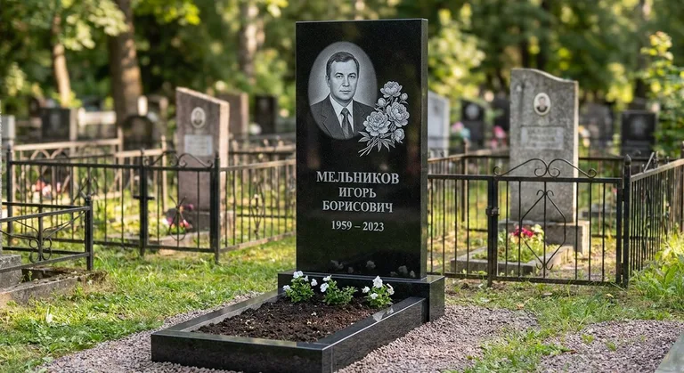 Памятник с гравировкой пионов — выполненная работа «Мельников» в Челябинске