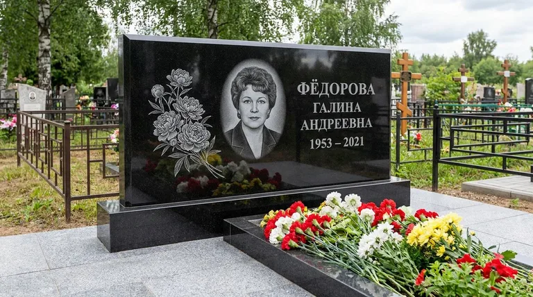 Памятник с гравировкой пионов — выполненная работа «Фёдорова» в Челябинске