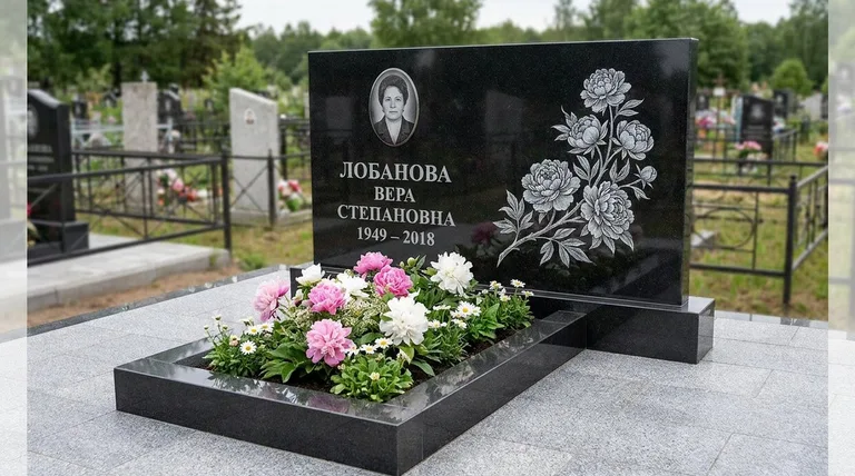 Памятник с гравировкой пионов — выполненная работа «Лобанова» в Челябинске