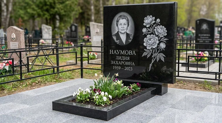 Памятник с гравировкой пионов — выполненная работа «Наумова» в Челябинске