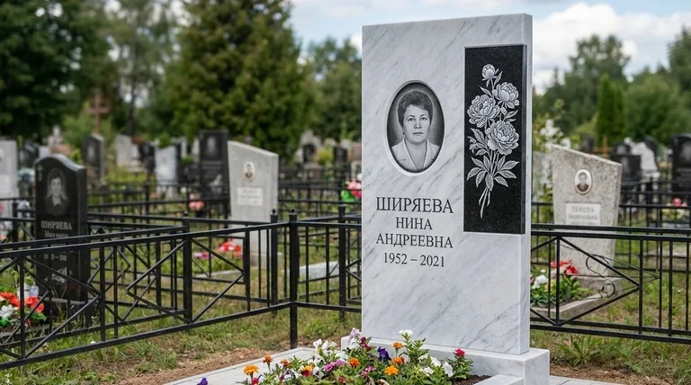 Памятник с гравировкой пионов — выполненная работа «Ширяева» в Челябинске