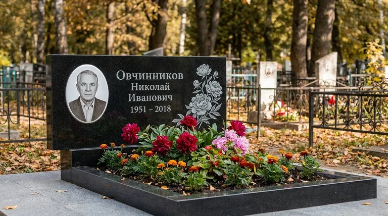 Памятник с гравировкой пионов — выполненная работа «Овчинников» в Челябинске