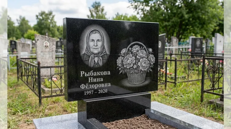 Памятник с гравировкой пионов — выполненная работа «Рыбакова» в Челябинске