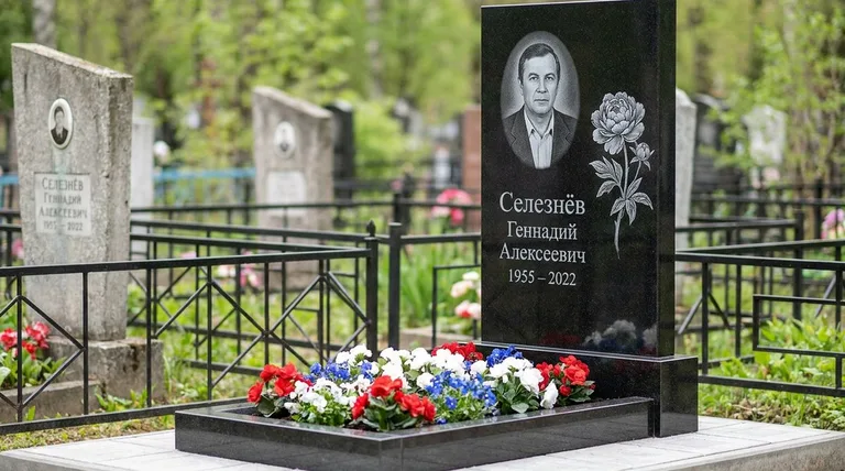 Памятник с гравировкой пионов — выполненная работа «Селезнёв» в Челябинске