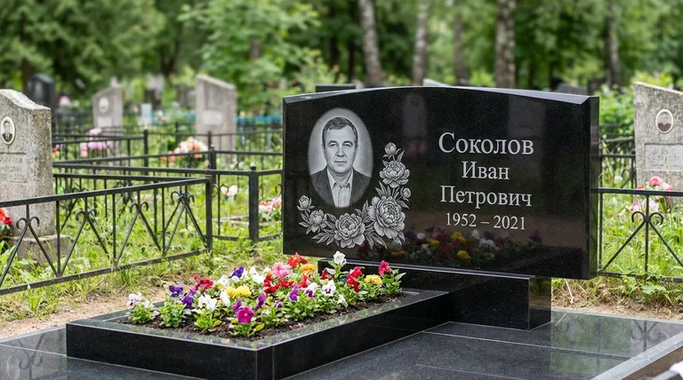 Памятник с гравировкой пионов — выполненная работа «Соколов» в Челябинске