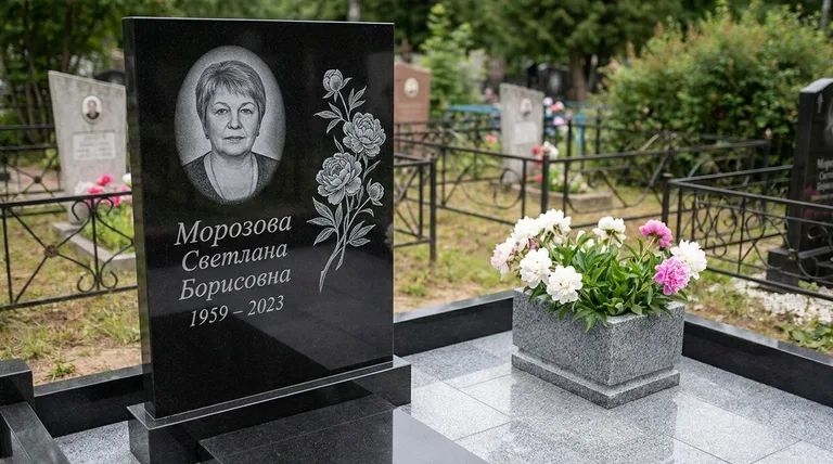 Памятник с гравировкой пионов — выполненная работа «Морозова» в Челябинске