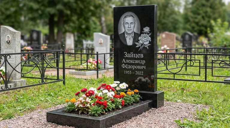 Памятник с гравировкой пионов — выполненная работа «Зайцев» в Челябинске