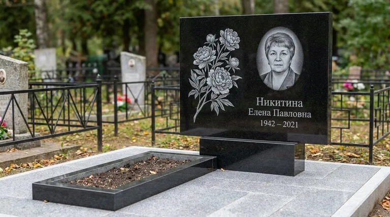 Памятник с гравировкой пионов — выполненная работа «Никитина» в Челябинске