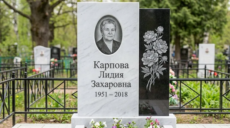 Памятник с гравировкой пионов — выполненная работа «Карпова» в Челябинске
