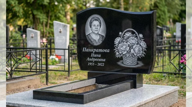 Памятник с гравировкой пионов — выполненная работа «Панкратова» в Челябинске