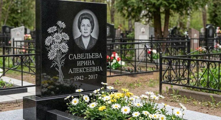 Памятник с гравировкой ромашек — выполненная работа «Савельева» в Челябинске
