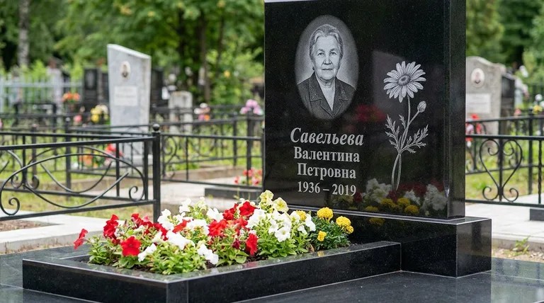 Памятник с гравировкой ромашек — выполненная работа «Савельева» в Челябинске